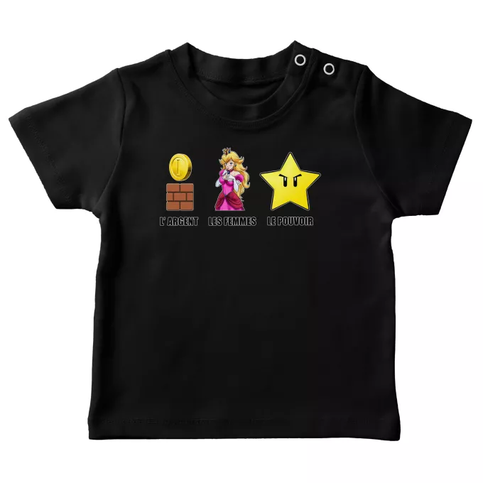 T-shirts bébé Parodie Super Mario Argent, Femmes et Pouvoir ! - Princesse Peach, l'étoile d'invincibilité