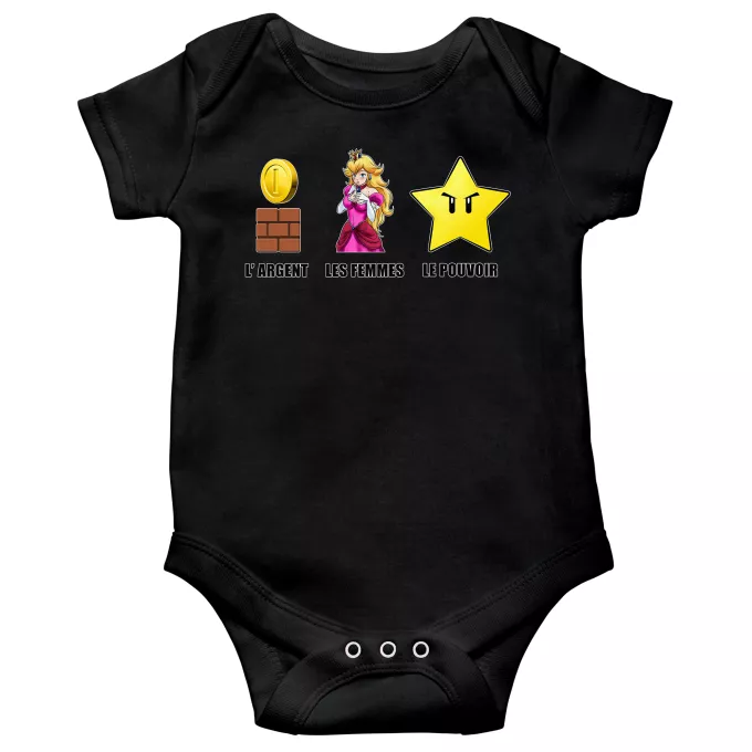 Body bébé manches courtes Parodie Super Mario Argent, Femmes et Pouvoir ! - Princesse Peach, l'étoile d'invincibilité