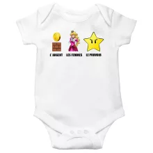 Body bébé Princesse Peach « Argent, Femmes et Pouvoir ! » – Parodie Super Mario