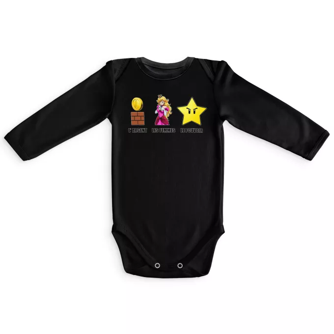 Body bébé manches longues Parodie Super Mario Argent, Femmes et Pouvoir ! - Princesse Peach, l'étoile d'invincibilité