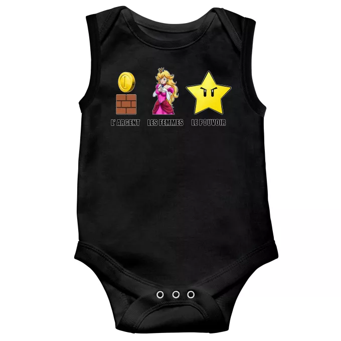 Body bébé sans manches Parodie Super Mario Argent, Femmes et Pouvoir ! - Princesse Peach, l'étoile d'invincibilité