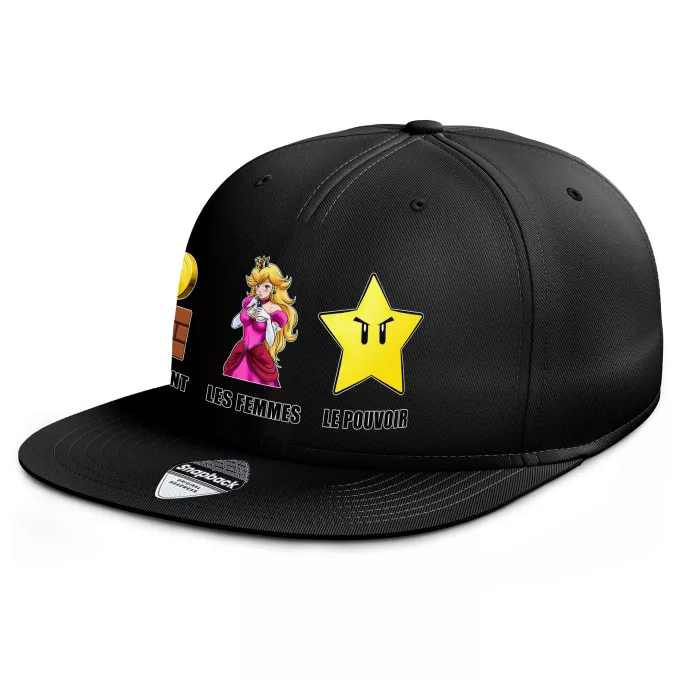 Casquette Rap Snapback Parodie Super Mario Argent, Femmes et Pouvoir ! - Princesse Peach, l'étoile d'invincibilité