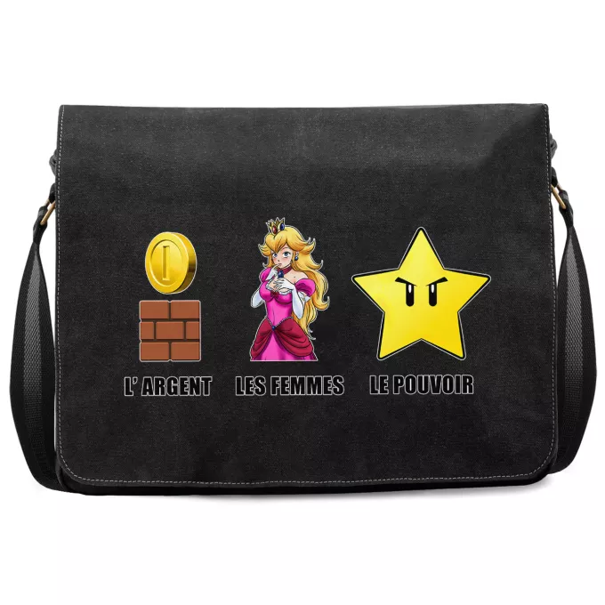 Sac à Bandoulière Premium Parodie Super Mario Argent, Femmes et Pouvoir ! - Princesse Peach, l'étoile d'invincibilité