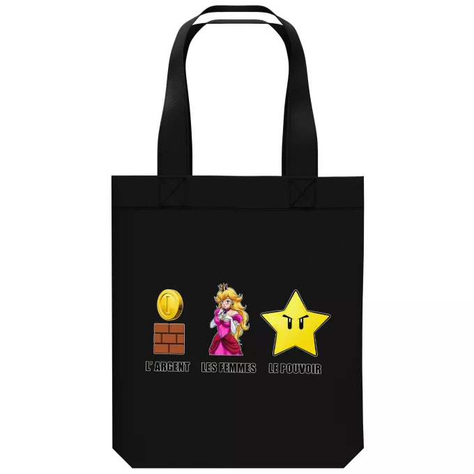 Sac Tote Bag en coton Bio Parodie Super Mario Argent, Femmes et Pouvoir ! - Princesse Peach, l'étoile d'invincibilité