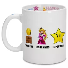 Mug Princesse Peach « Argent, Femmes et Pouvoir ! » – Parodie Super Mario