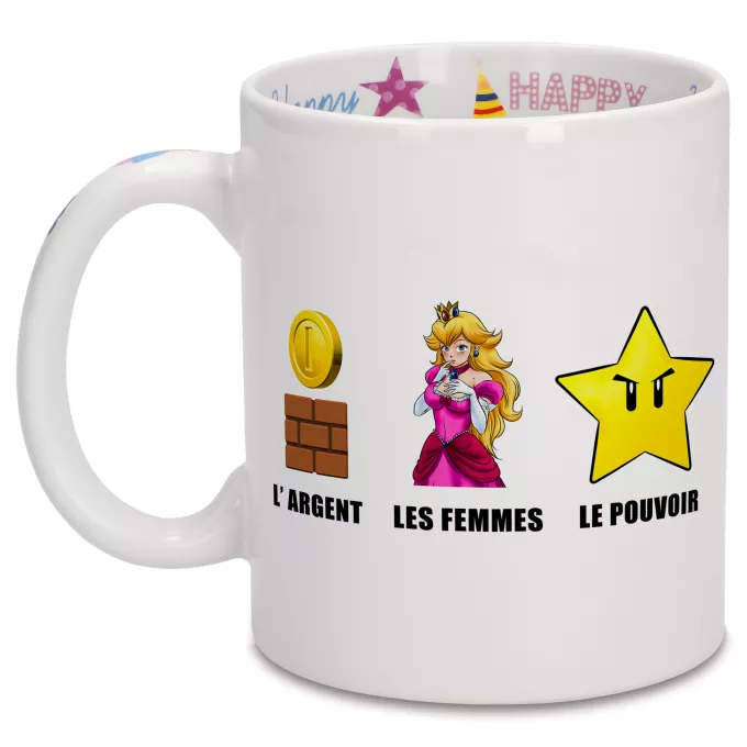 Mugs Anniversaire Parodie Super Mario Argent, Femmes et Pouvoir ! - Princesse Peach, l'étoile d'invincibilité