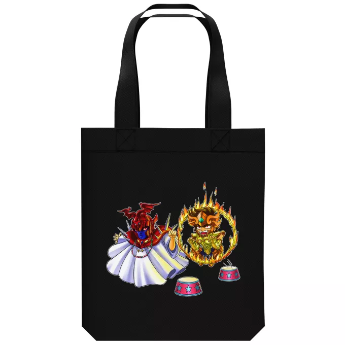 biologisch katoenen draagtas (Tote Bag) Parodie Saint Seiya Pegasus Seiya, Aiolia Leo en Grote Paus