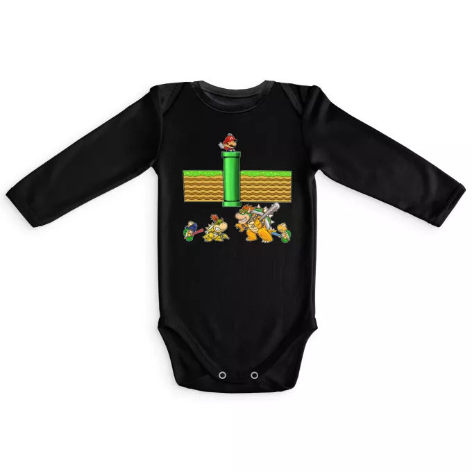 Body bébé manches longues Parodie Super Mario Un mauvais tuyau... - Bowser, Bowser Jr, Koopa Troopa