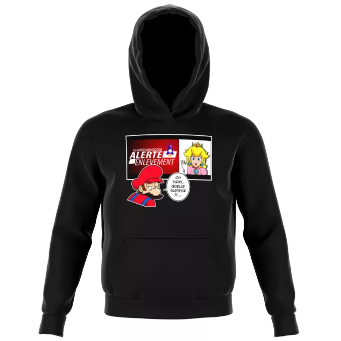 Sweat-shirts à Capuche Enfant Parodie Super Mario Alerte enlèvement... - la Princesse Peach