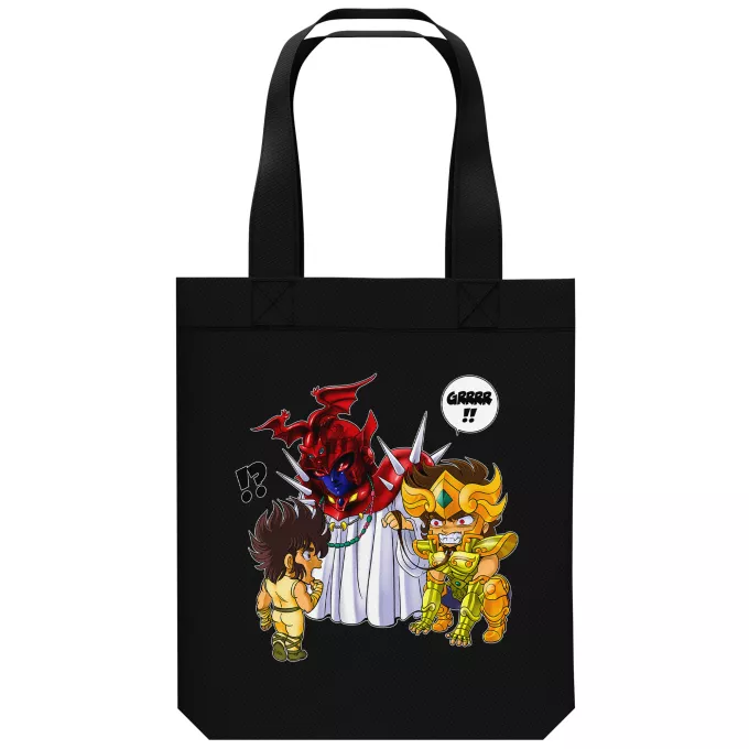 biologisch katoenen draagtas (Tote Bag) Parodie Saint Seiya Pegasus Seiya, Aiolia Leo en Grote Paus