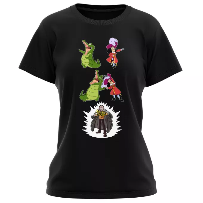 T-shirts de mulher Paródia One Piece Capitão Gancho e Crocodile