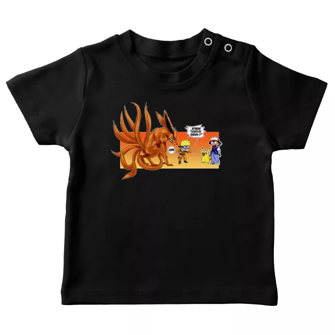 T-shirts bébé Parodie Pokémon Un nouveau dresseur... - Naruto, Kyubi X Sasha, Pikachu