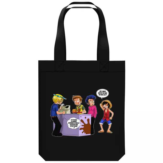Sac Tote Bag en coton Bio Parodie One Piece ça se passe comme ça chez les dragueurs... :) - Sanji, Luffy