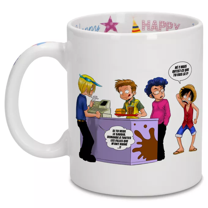 Mugs Anniversaire Parodie One Piece ça se passe comme ça chez les dragueurs... :) - Sanji, Luffy