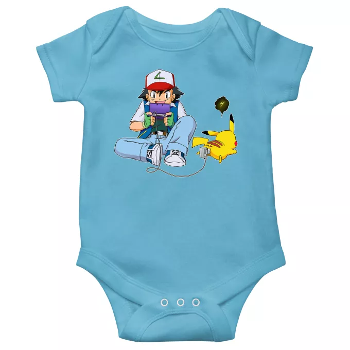 Short-sleeved baby bodysuit (boys) Parody of Pokémon Pikachu and Ash Ketchum