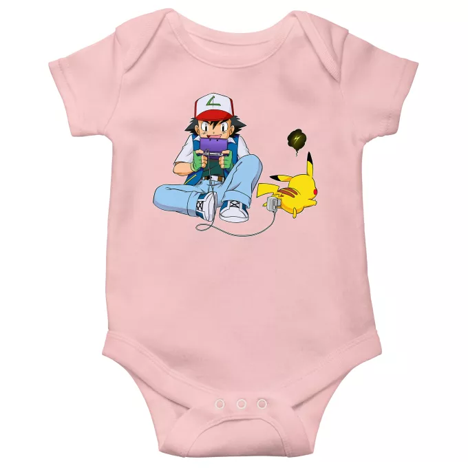 Short-sleeved baby bodysuit (Girls) Parody of Pokémon Pikachu and Ash Ketchum