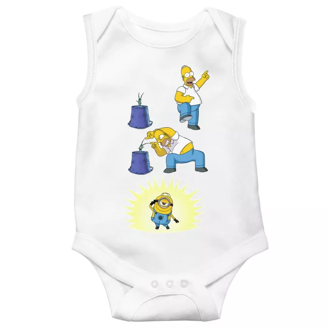 Body bébé sans manches Parodie Les Minions Fusion Yahahaha !! (Super Minion) - Plankton, Homer Simpson