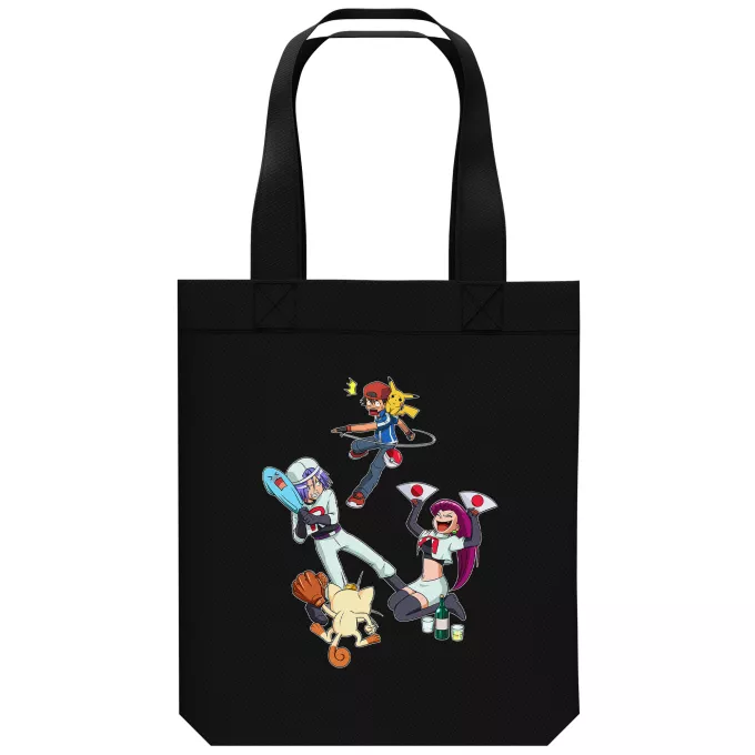 Sac Tote Bag en coton Bio Parodie Pokémon Une partie de Poké-Ball :) - Pikachu, Sasha, la Team Rocket