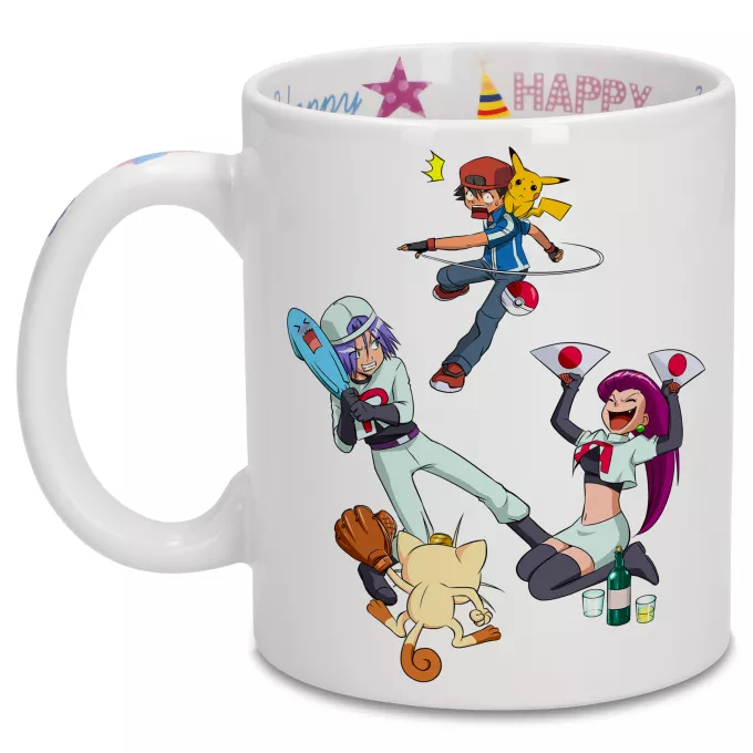 Mugs Anniversaire Parodie Pokémon Une partie de Poké-Ball :) - Pikachu, Sasha, la Team Rocket