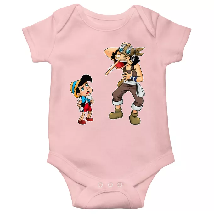 Kurzärmeliger Baby-Bodysuit (Mädchen) Parodie auf One Piece Lysop und Pinocchio - Piniocchio
