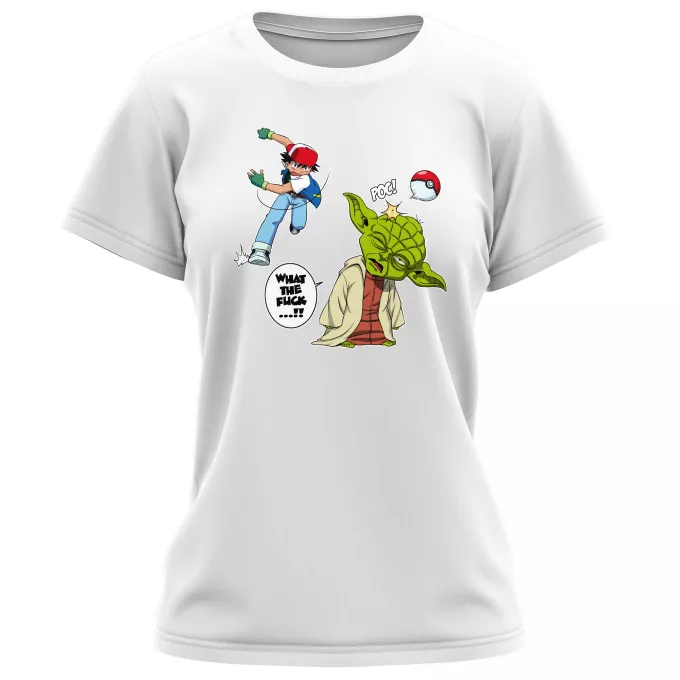 T-shirts de mulher Paródia Pokémon Yoda e Ash Ketchum