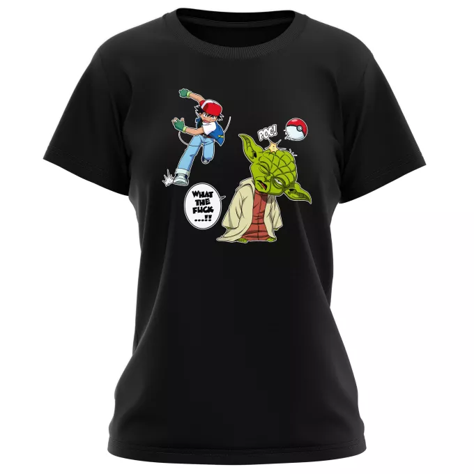 T-shirts de mulher Paródia Pokémon Yoda e Ash Ketchum