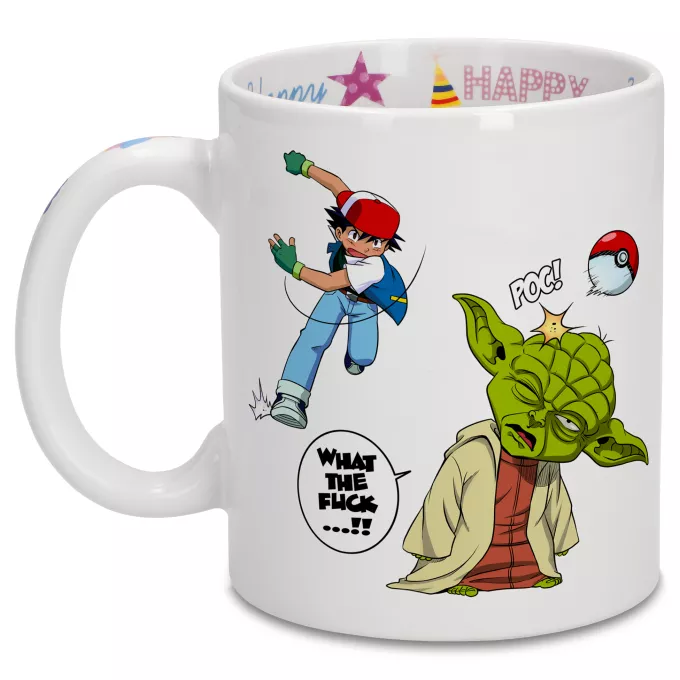 Canecas de aniversário Paródia Pokémon Yoda e Ash Ketchum
