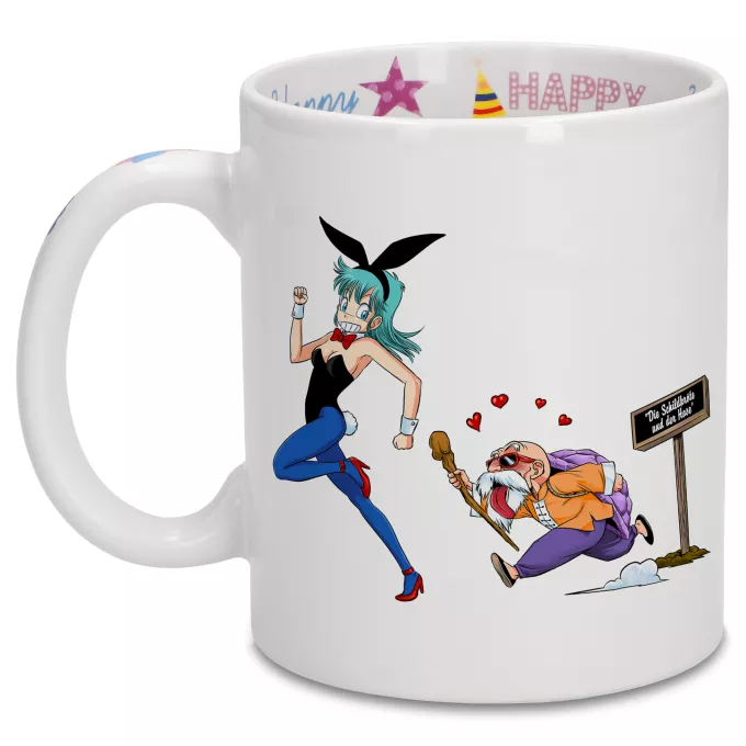 Geburtstag Tassen Parodie auf Dragon Ball Muten-Roshi und Bulma