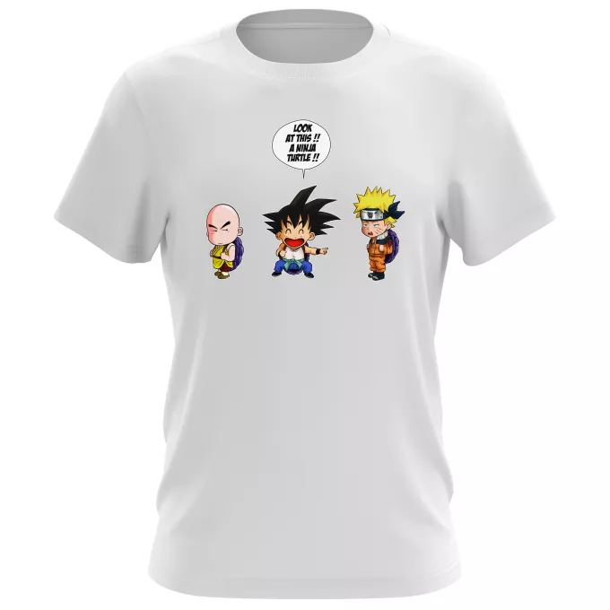 Camisetas Hombre Parodia Naruto Son Gokū, Kuririn y Naruto