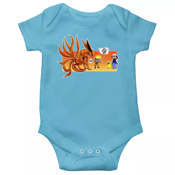 Short-sleeved baby bodysuit (boys) Parody of Pokémon Pikachu, Ash and Kyubi