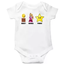 Mario Baby Bodysuit “Women, Money and Power” – Super Mario parody
