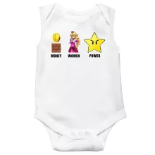 Mario Sleeveless Baby Bodysuit “Women, Money and Power” – Super Mario parody