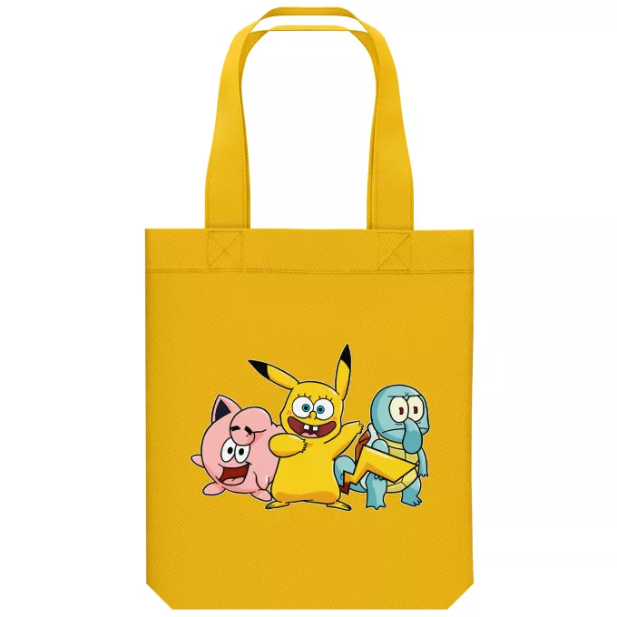 Organic Cotton Tote Bag Parody of Pokémon SpongeBob, Squidward Tentacles, Patrick Star and Pikachu