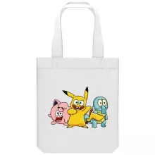totebag Bob Esponja “Bob Esponja, Calamardo Tentáculos, Patricio Estrella y Pikachu” – Parodia de Pokémon