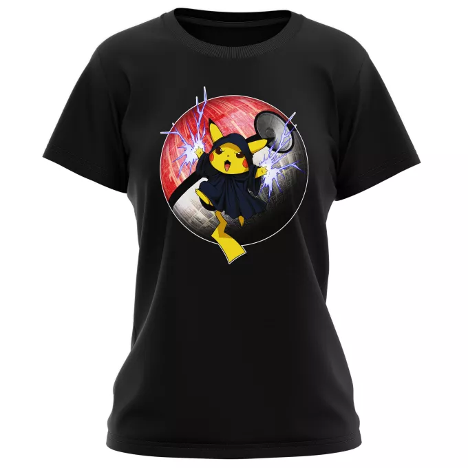 T-shirts de mulher Paródia Pokémon Pikachu e Darth Sidious