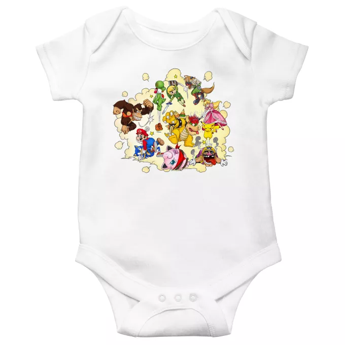 Body bébé manches courtes Parodie Super Smash Bros Baston Générale à la sauce gauloise - Mario, Link, Fox, Bowser, Pikachu, Wario