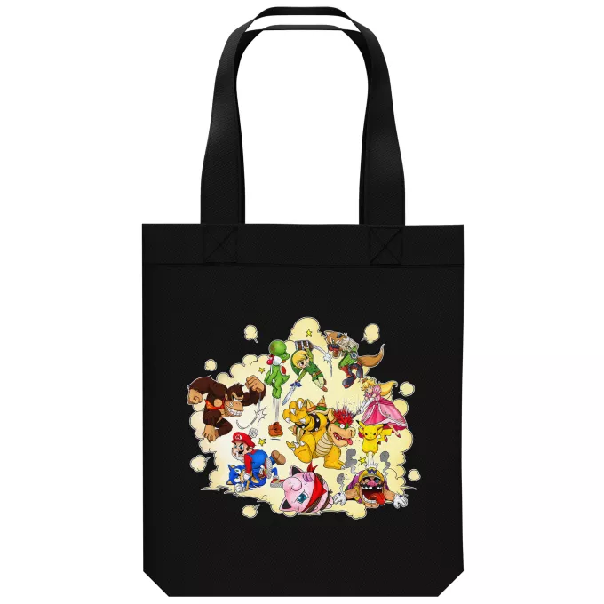 Bolsa (Tote Bag) de algodón orgánico Parodia Super Smash Bros Mario, Link, Fox, Bowser, Pikachu y Wario