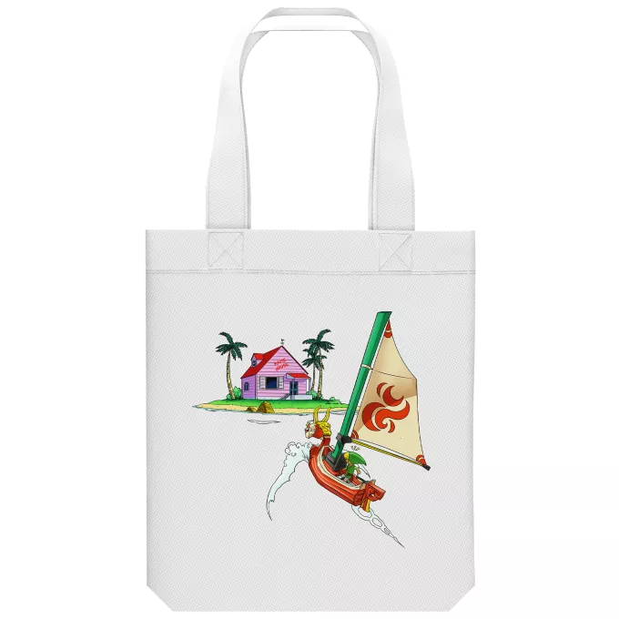 Saco (Tote Bag) de algodão orgânico Paródia Zelda Link e Casa do Kame
