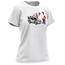 Mario T-shirt för kvinnor “Mario och Delorean” – Parodi Super Mario