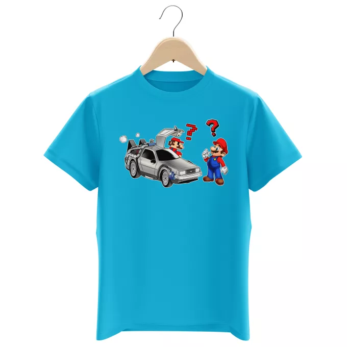 T-shirts Enfants Garçons Parodie Super Mario De retour Vers le Futur... - Mario 3D, Mario Pixel, la Delorean