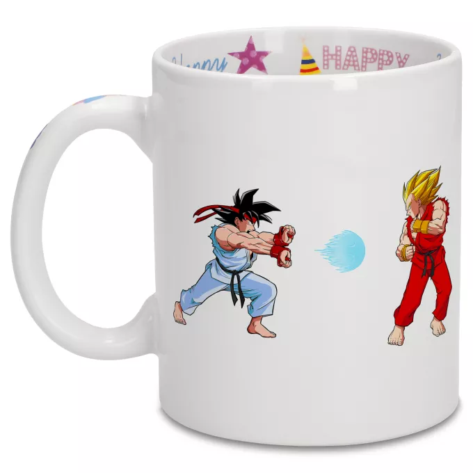 Födelsedagsmuggar Parodi Dragon Ball Z - DBZ Ryu och Ken VS Son Goku och Vegeta