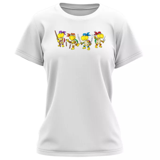 T-shirts de mulher Paródia Super Mario Mario Vs Donatello,Raphael, Leonardo e Michelangelo