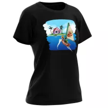 T-shirt de mulher Link “Link e Casa do Kame” – Zelda de parodia