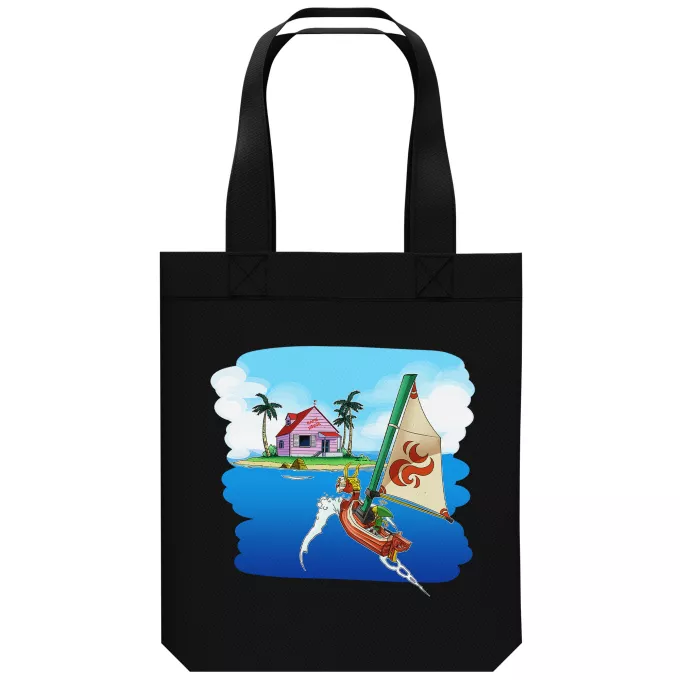 Saco (Tote Bag) de algodão orgânico Paródia Zelda Link e Casa do Kame