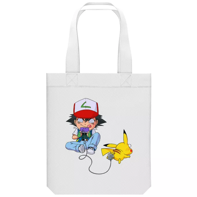 Bolsa (Tote Bag) de algodón orgánico Parodia Pokémon Pikachu y Ash de Pokemon