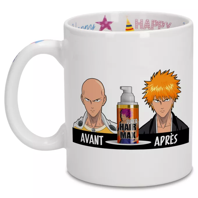 Mugs Anniversaire Parodie One-Punch Man La solution Miracle pour retrouver une belle chevelure... :) - Saitama, Ichigo Kurosaki