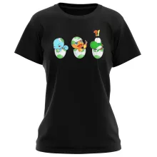 Pokémon parodi Svart T-shirt för kvinnor- Charmander, Squirtle och Yoshi (Högklassig T-shirt - Tryckt i Frankrike - Ref : 885)