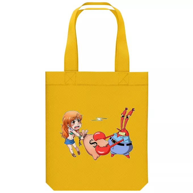 biologisch katoenen draagtas (Tote Bag) Parodie One Piece Nami en Eugene H. Krabs