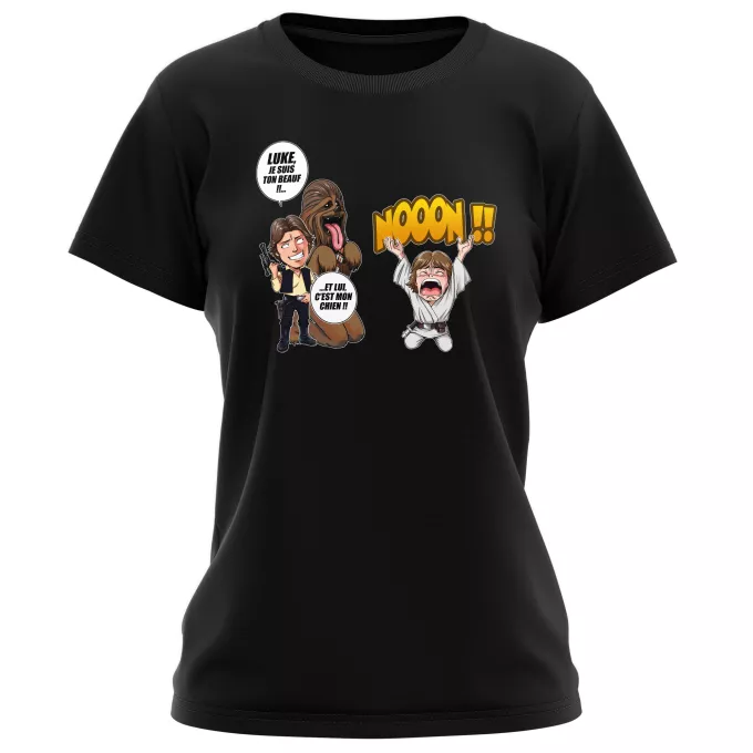 T-shirts Femmes Parodie Star Wars Luke Life Episode III : Un beauf carrément beauf :) - Luke Skywalker, Chewbacca, Han Solo
