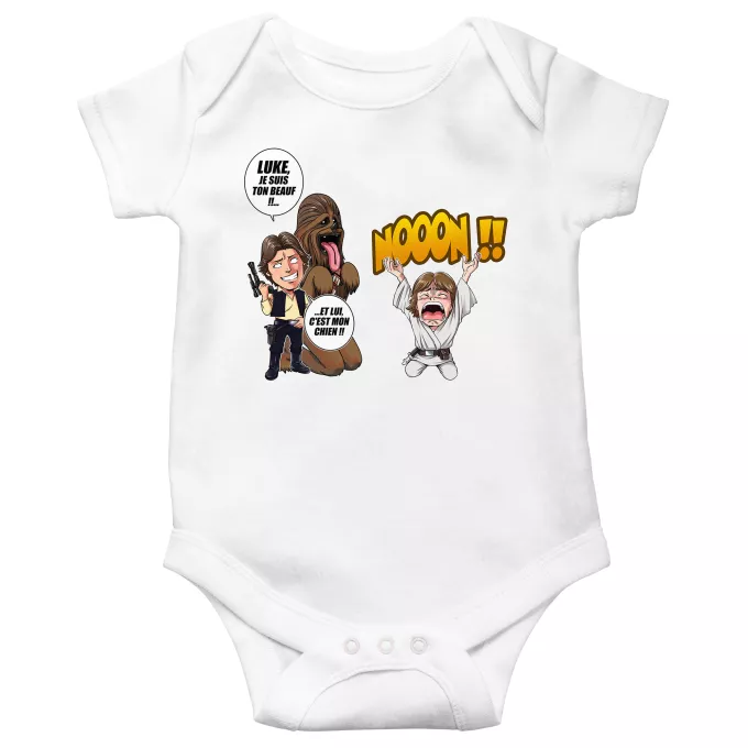 Body bébé manches courtes Parodie Star Wars Luke Life Episode III : Un beauf carrément beauf :) - Luke Skywalker, Chewbacca, Han Solo